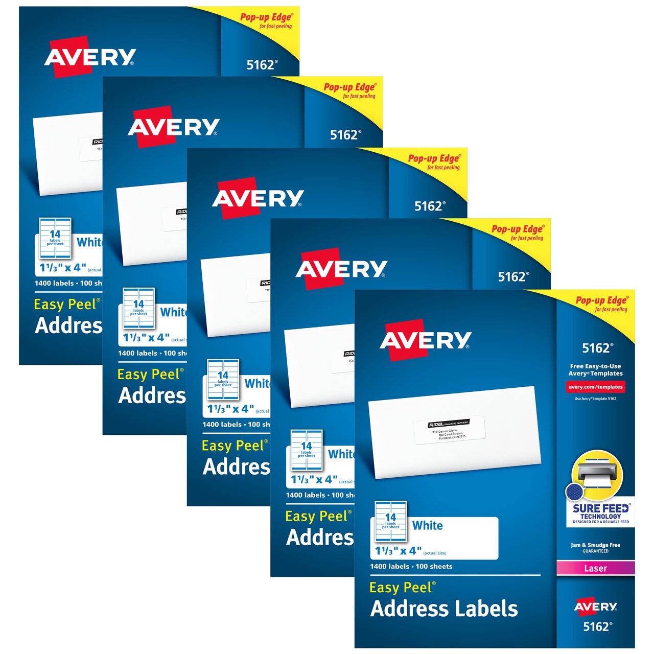 Avery Easy Peel Printable Address Labels with Sure Feed, 1-1/3" x 4", White, 1,400 Blank Mailing Labels for Laser Printers (5162) - 5 Pack
